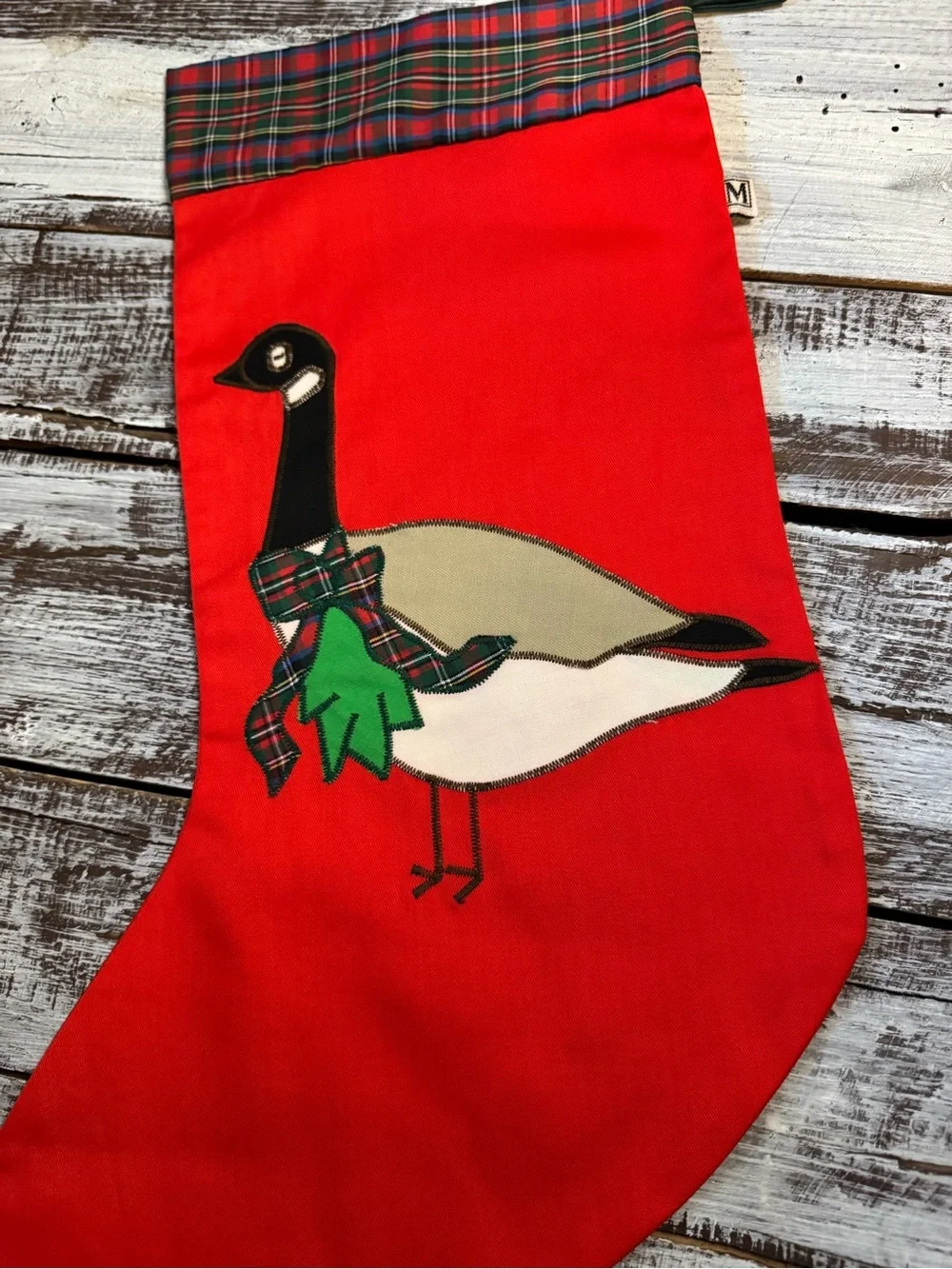 Source Unknown Red Holiday Goose Stocking with Plaid Cuff